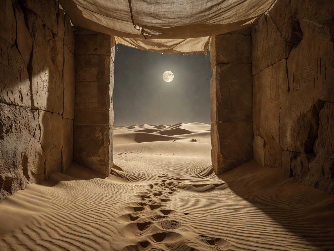 Ancient fictional stone passage opening toward a moonlit desert horizon, subtle fabric canopy, wind-shaped sand