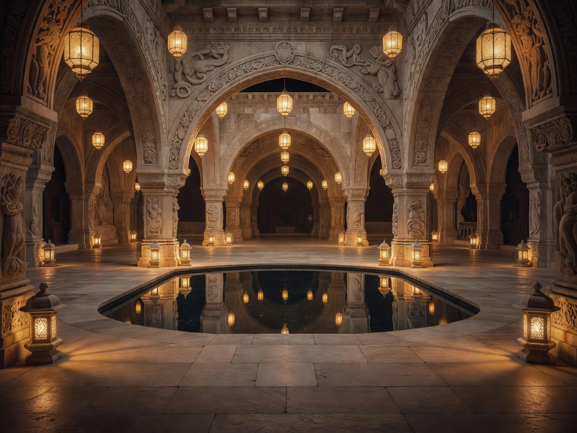 Elegant fictional palace courtyard at night filled with restrained warm lantern light, carved stone arches, shallow reflecting pool