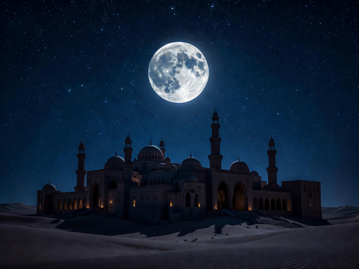 Wide cinematic view of a fictional desert palace silhouette beneath a large moon and star-filled indigo sky, restrained lantern glow in distant arches